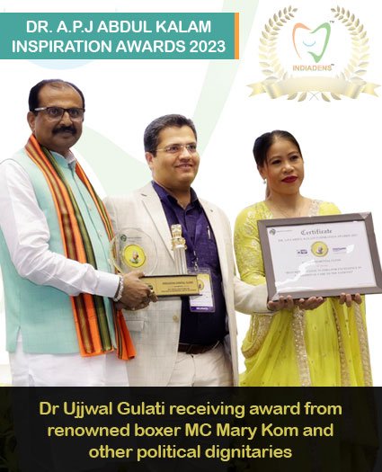 Dr Ujjwal Gulati receiving Dr APJ Abdul Kalam Inspiration Awards 2023 from renowned boxer MC Mary Kom and other political dignitaries